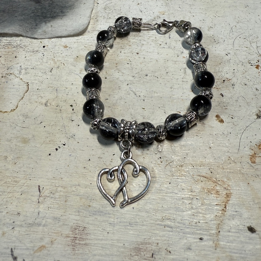 Silver double Heart beaded Charm Bracelet